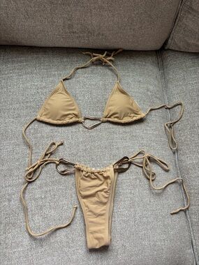 Tan Triangle String Bikini with Metal Ring Accents